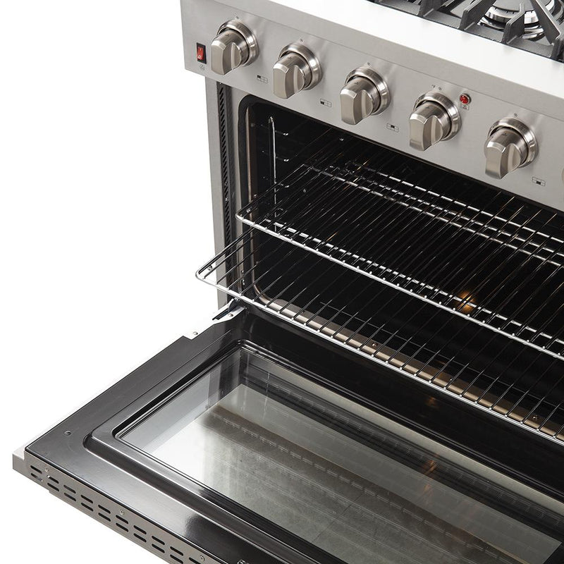 Forno 5-Piece Appliance Package - 36-Inch Gas Range, 60-Inch Refrigerator, Wall Mount Hood with Backsplash, 24-Inch Microwave Drawer, & 3-Rack Dishwasher in Stainless Steel