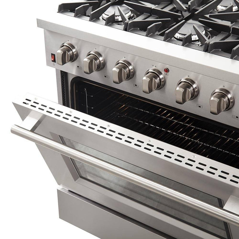 Forno 5-Piece Appliance Package - 36-Inch Gas Range, 60-Inch Refrigerator, Wall Mount Hood with Backsplash, 24-Inch Microwave Oven, & 3-Rack Dishwasher in Stainless Steel