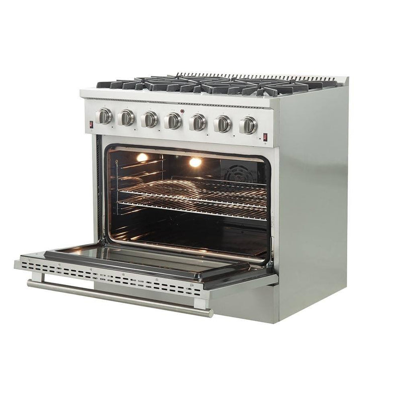 Forno 3-Piece Appliance Package - 36-Inch Gas Range, Refrigerator, & Wall Mount Hood with Backsplash in Stainless Steel