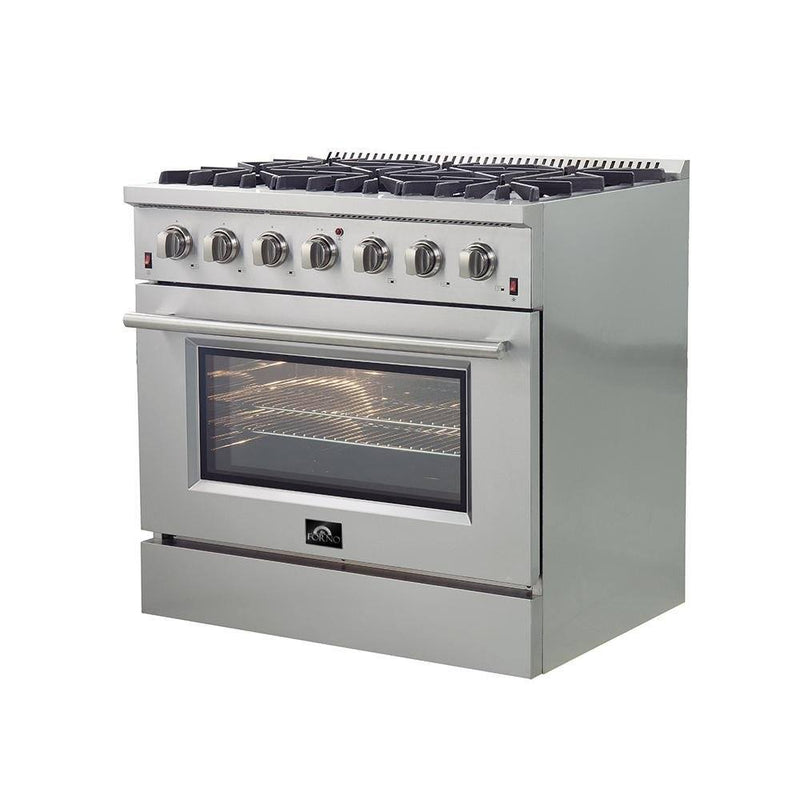 Forno 5-Piece Appliance Package - 36-Inch Gas Range, Refrigerator, Wall Mount Hood, 24-Inch Microwave Oven, & 3-Rack Dishwasher in Stainless Steel