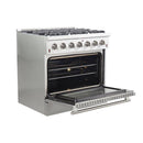 Forno 5-Piece Appliance Package - 36-Inch Gas Range, 60-Inch Refrigerator, Wall Mount Hood with Backsplash, 24-Inch Microwave Oven, & 3-Rack Dishwasher in Stainless Steel