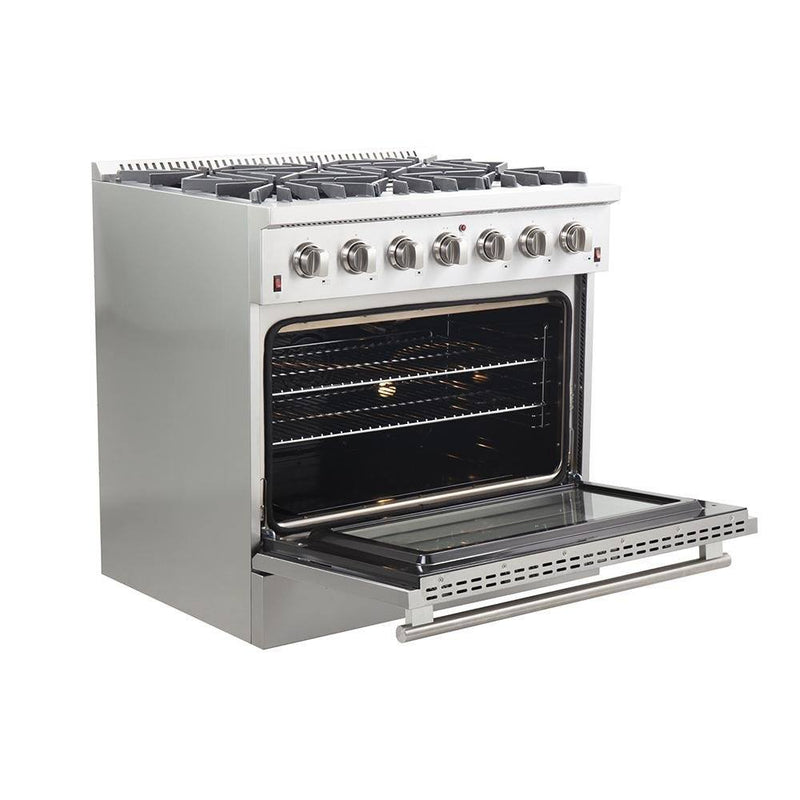 Forno 5-Piece Appliance Package - 36-Inch Gas Range, 60-Inch Refrigerator, Wall Mount Hood with Backsplash, 24-Inch Microwave Oven, & 3-Rack Dishwasher in Stainless Steel