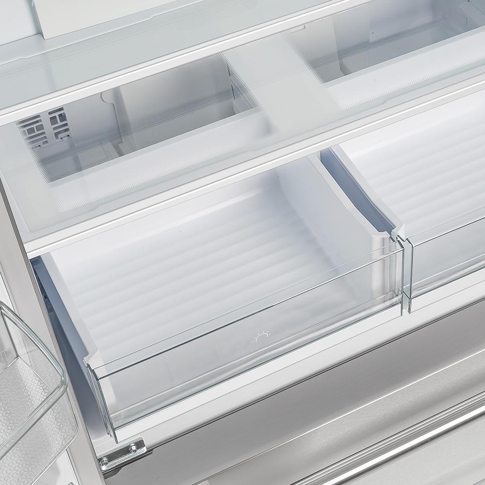 Refrigerator crisper drawer with clear glass guard and metal rails