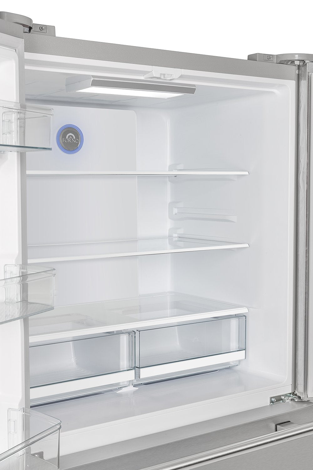 Refrigerator door interior shelves and glass racks with close-up view