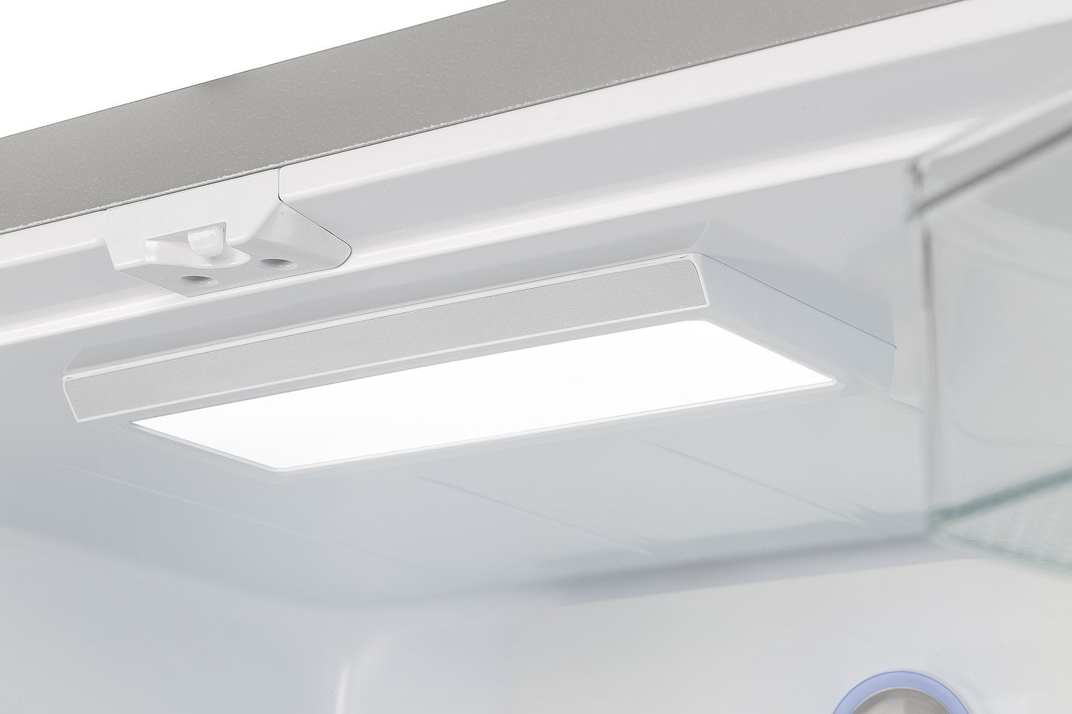 French door refrigerator interior light area under overhead ceiling panel