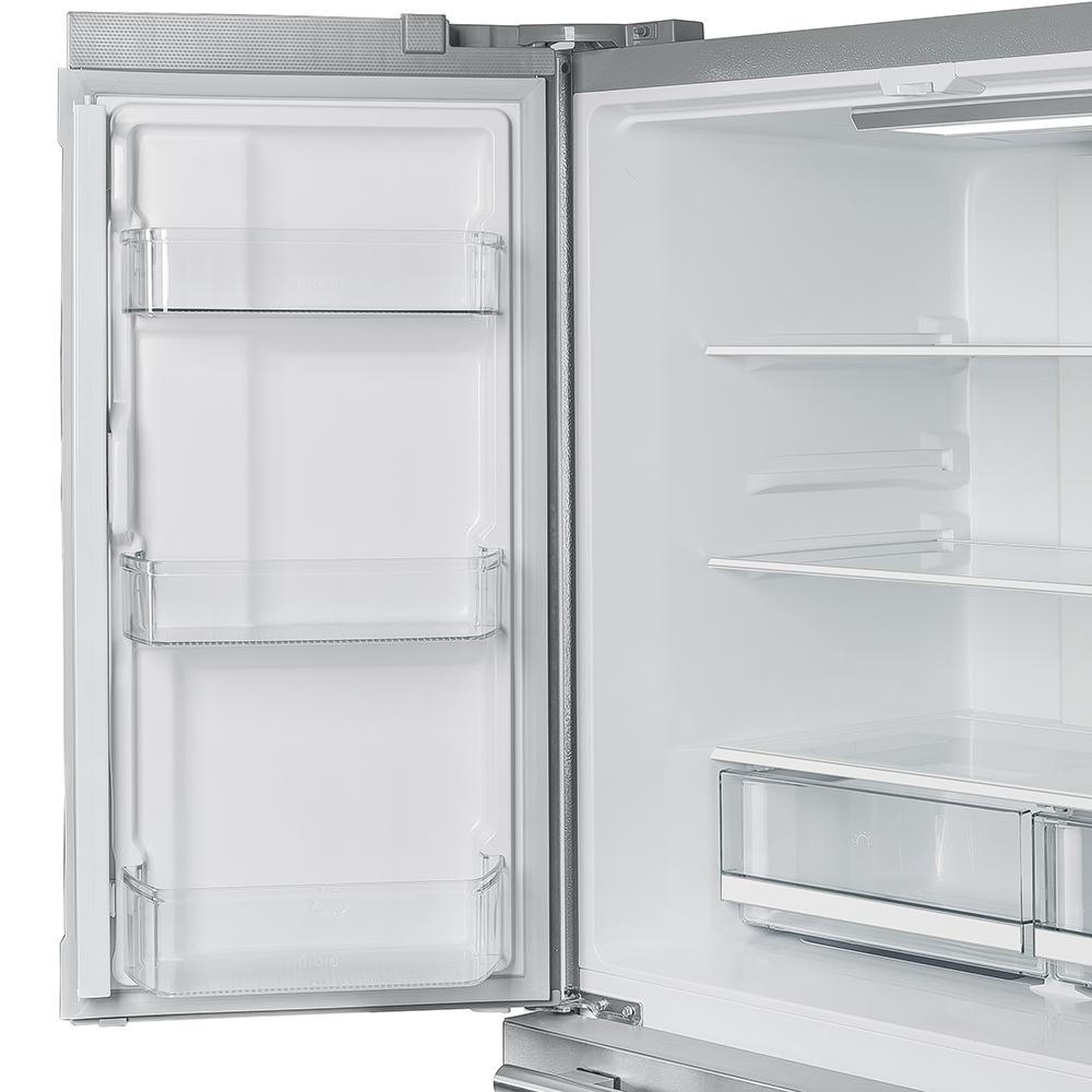 Stainless steel refrigerator with left door open and storage shelves visible