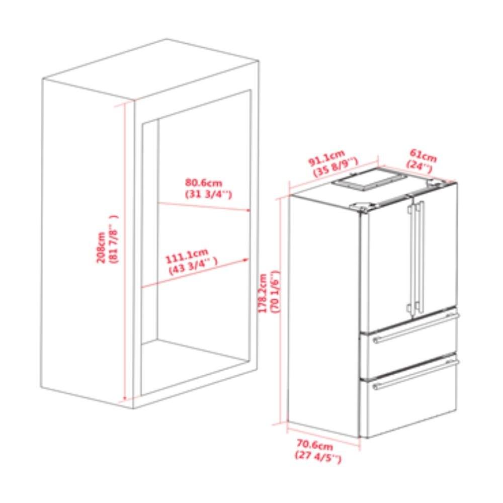 Refrigerator size diagram with height and width measurements