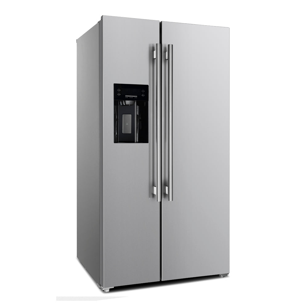 Stainless steel double-door refrigerator with built-in water dispenser and handles