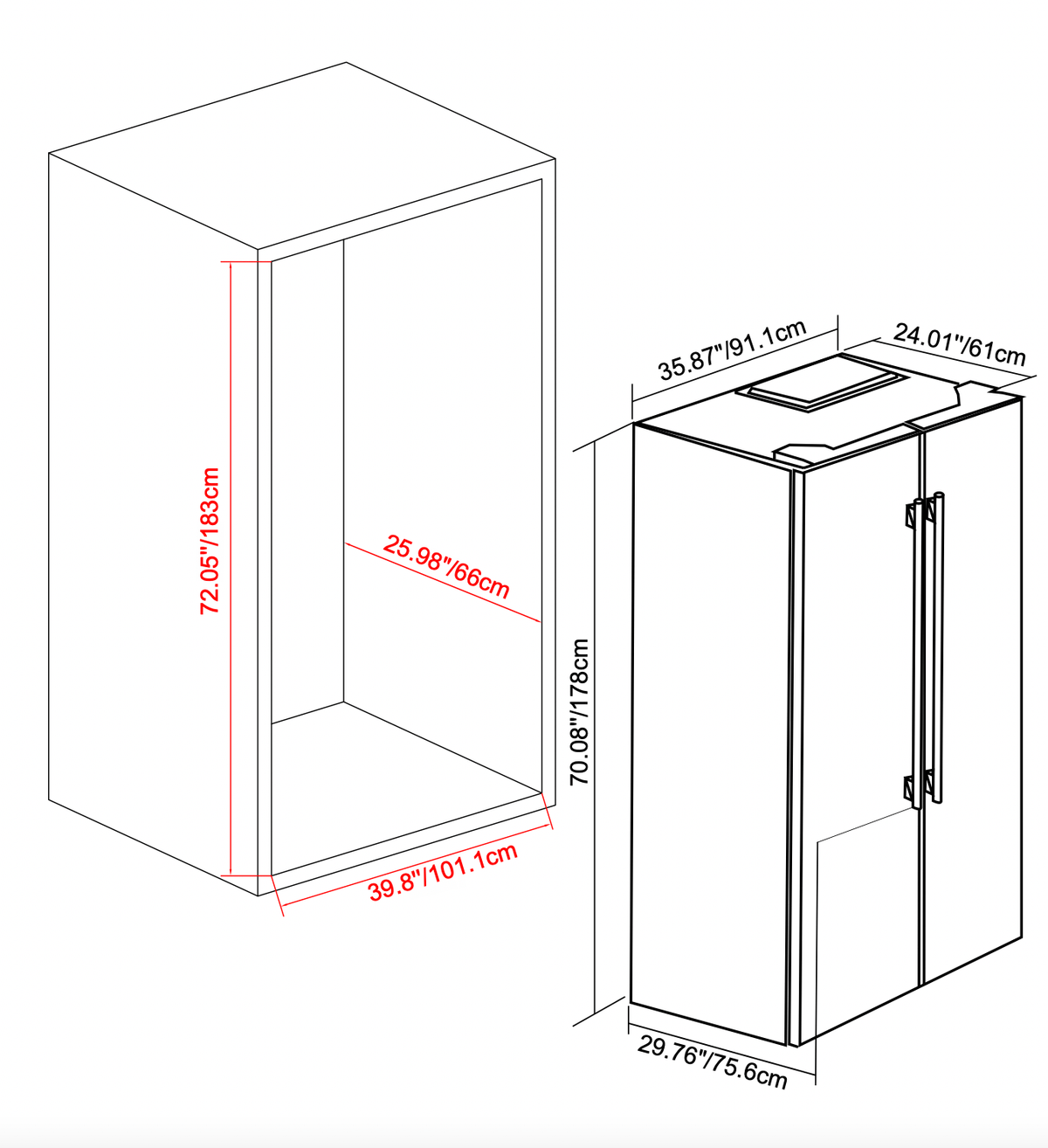 Stainless steel 2-piece appliance package dimensions diagram for refrigerator and range