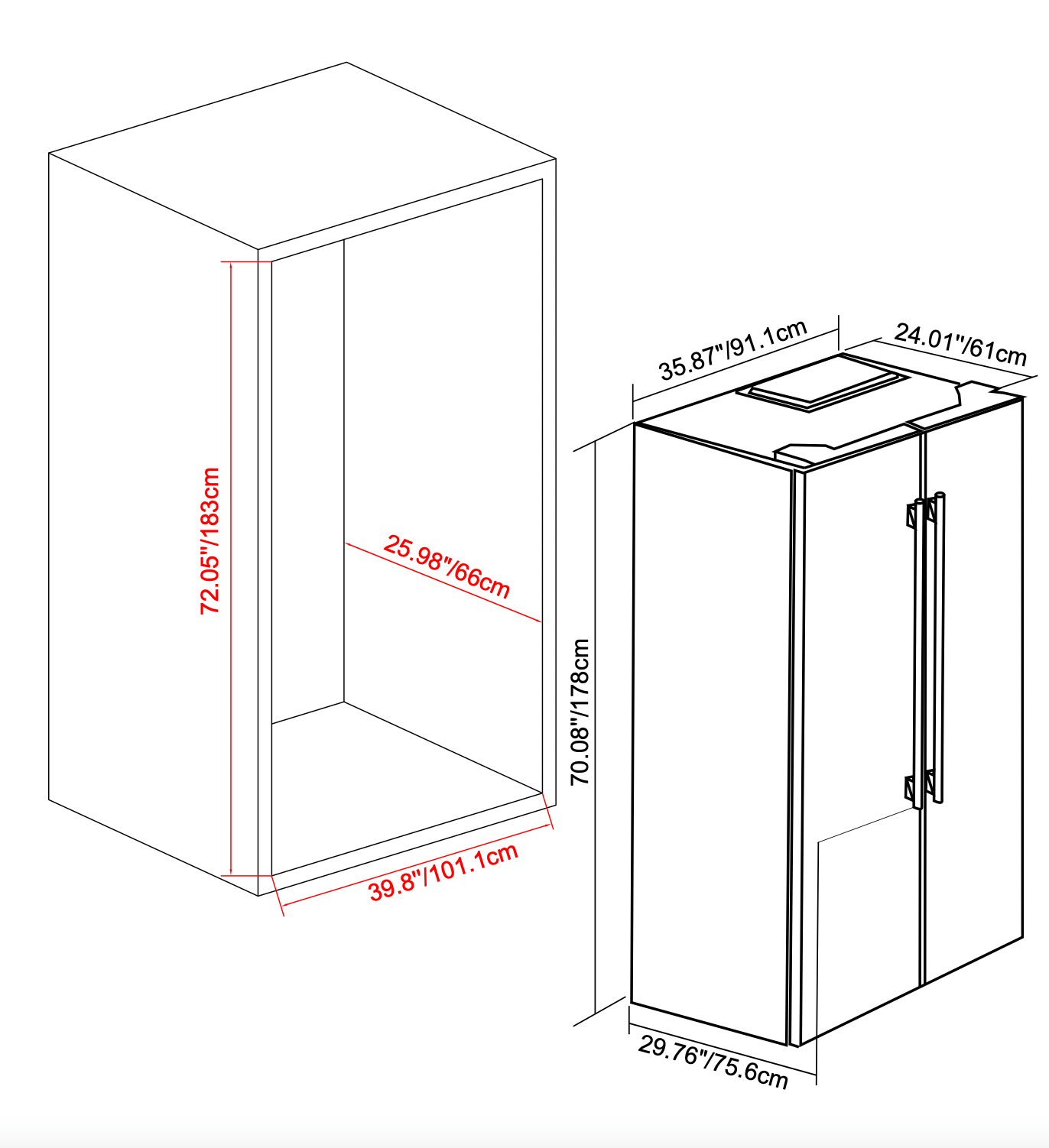 Appliance package dimension diagram showing refrigerator-style doors and width