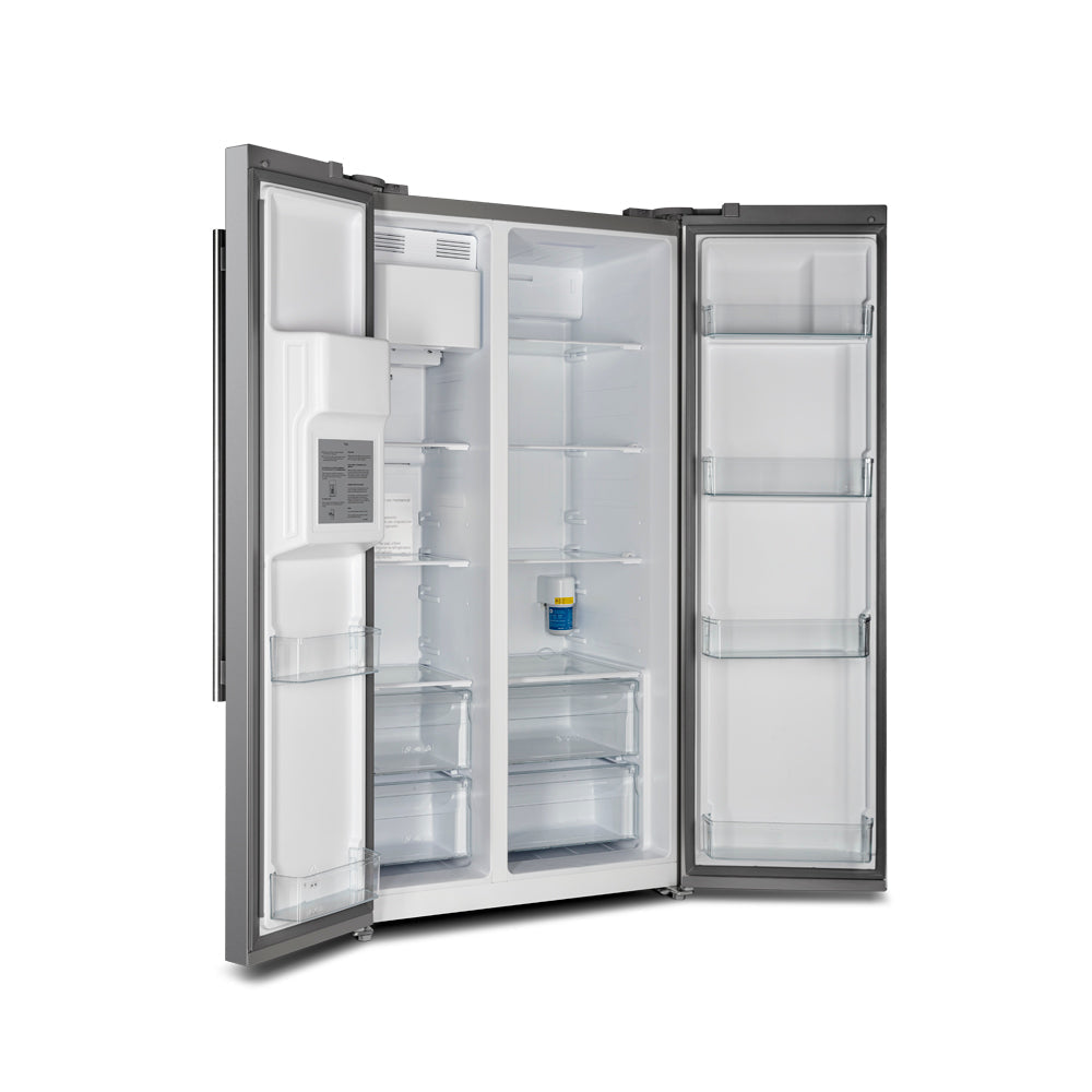 Stainless steel refrigerator with both doors open showing shelves and drawers
