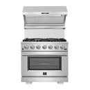 Forno 5-Piece Appliance Package - 36-Inch Gas Range, 60-Inch Refrigerator, Wall Mount Hood with Backsplash, 24-Inch Microwave Drawer, & 3-Rack Dishwasher in Stainless Steel