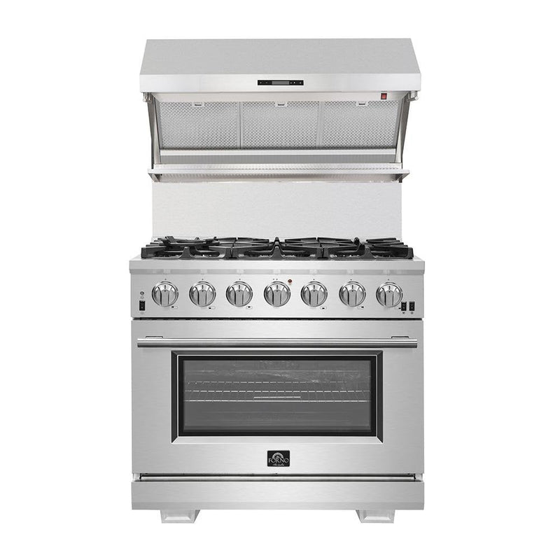 Forno 5-Piece Appliance Package - 36-Inch Dual Fuel Range, 60-Inch Refrigerator, Wall Mount Hood with Backsplash, 24-Inch Microwave Oven, & 3-Rack Dishwasher in Stainless Steel