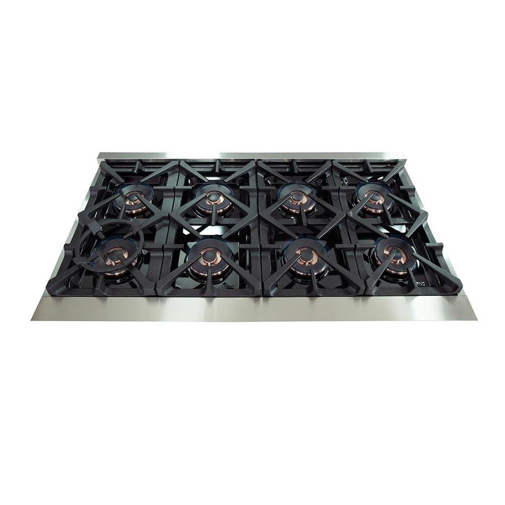 Gas cooktop with six cast-iron grates on a stainless dual-fuel range