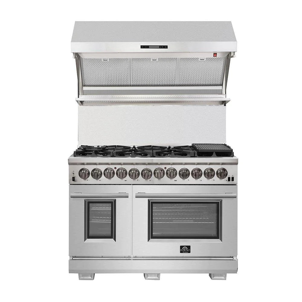 Stainless steel dual-fuel range with two oven doors and multiple cooktop knobs