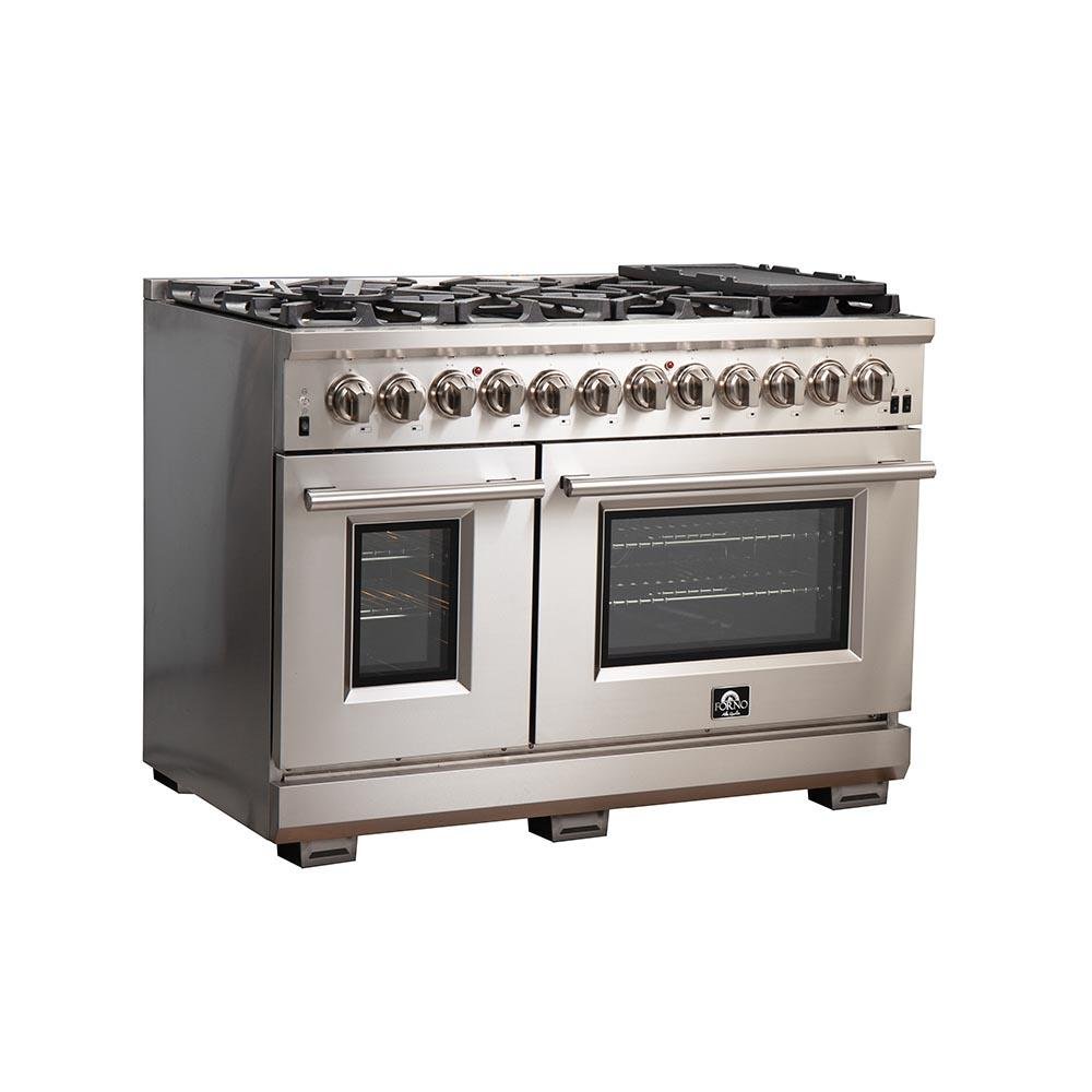 Stainless dual-fuel range with black cooktop grates and two glass oven doors
