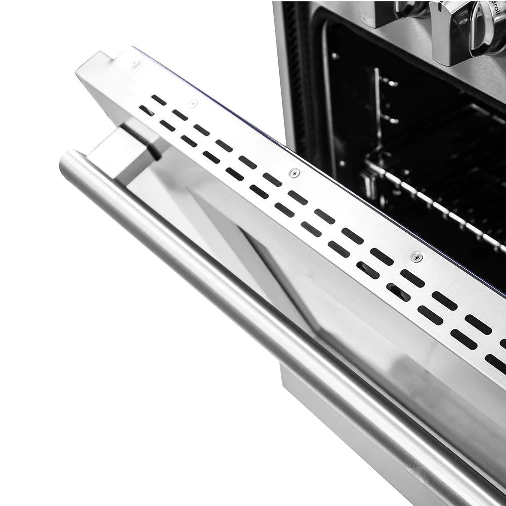 Stainless steel oven vent panel with rows of rectangular openings