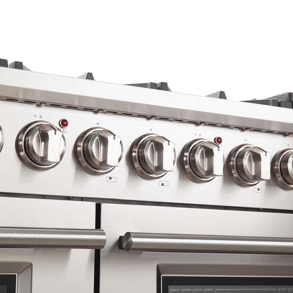 Stainless steel gas range top panel with front row of burner control knobs