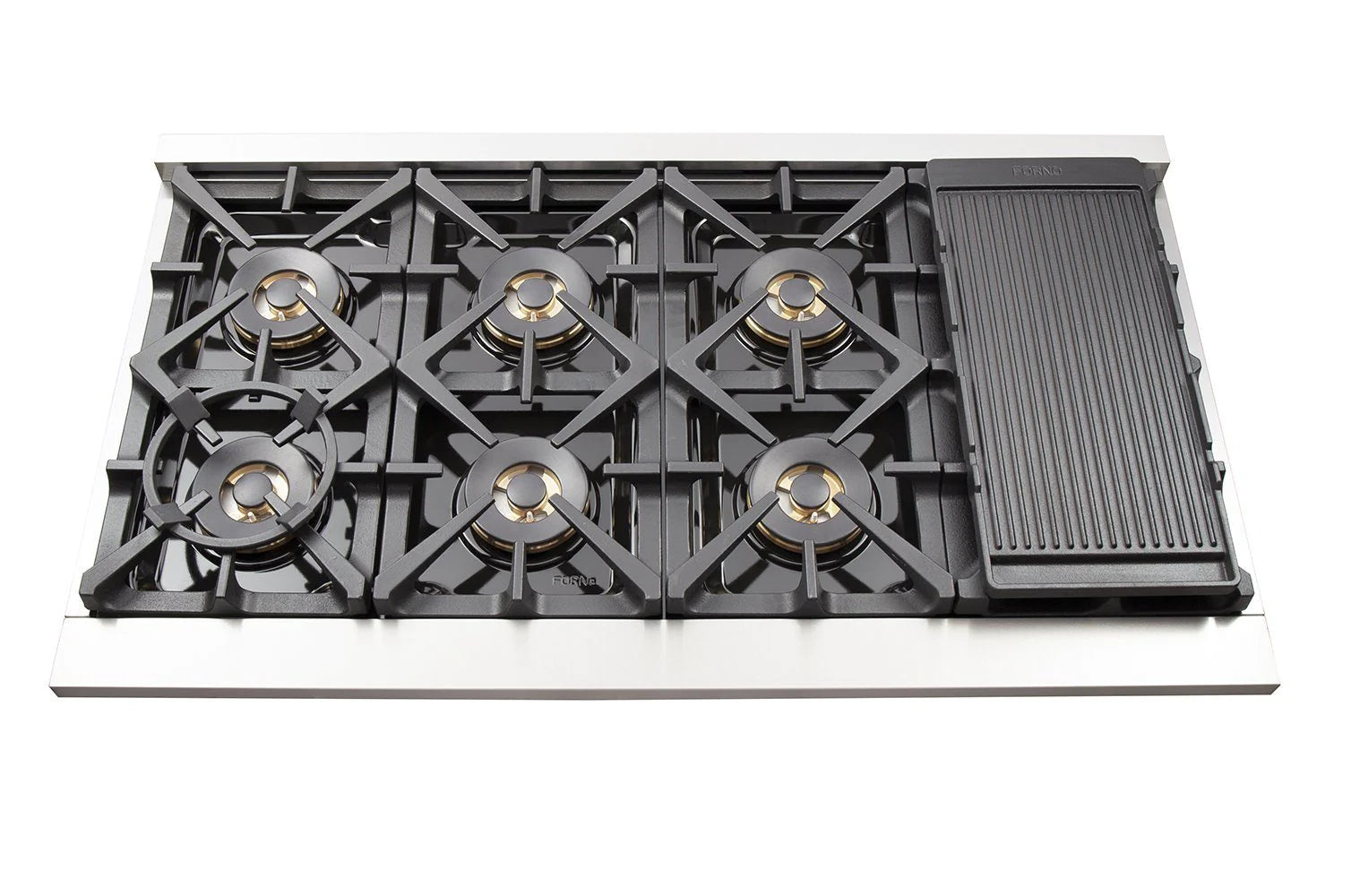 Gas cooktop with cast-iron burner grates and rectangular griddle insert