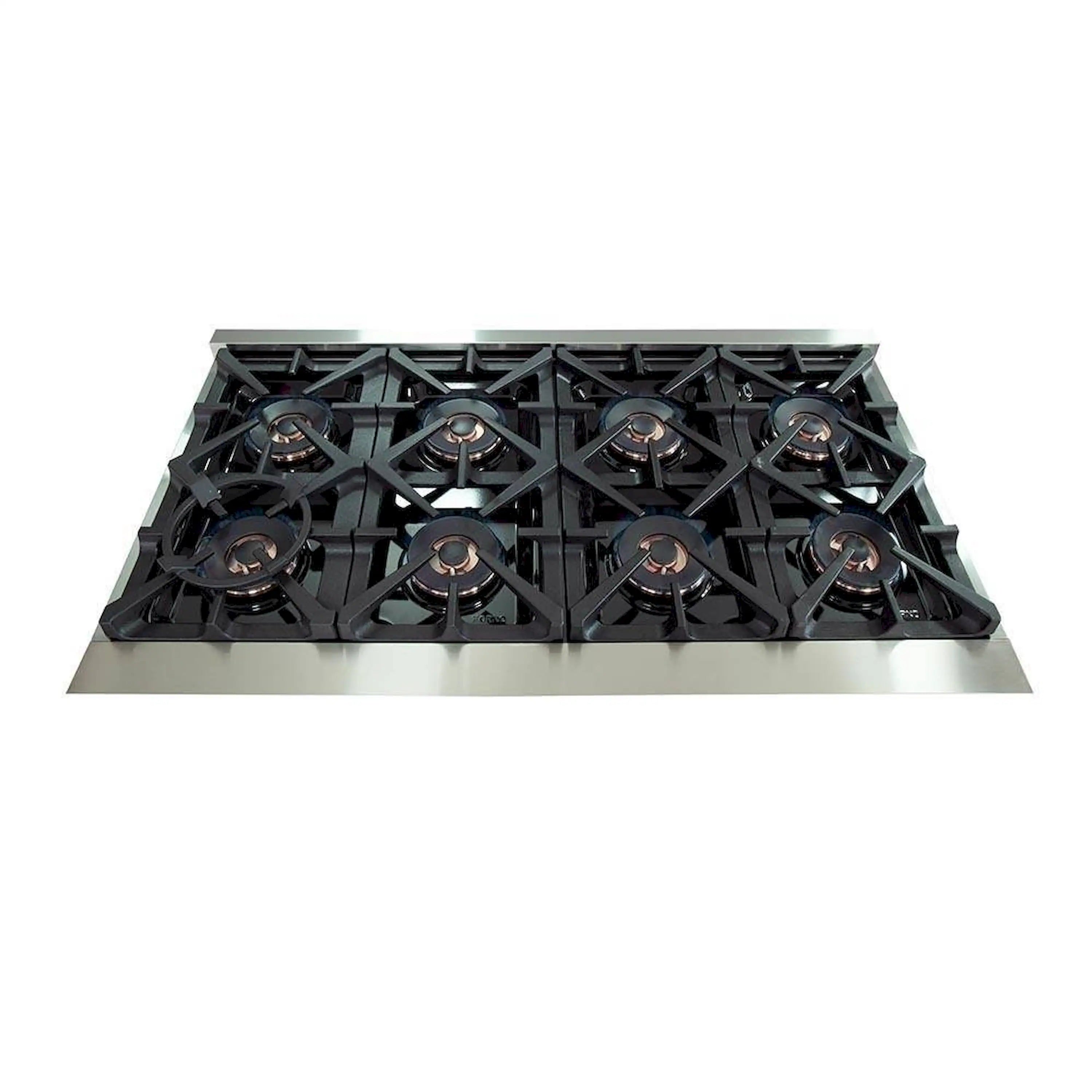 Gas cooktop with six black cast-iron grates and burner heads