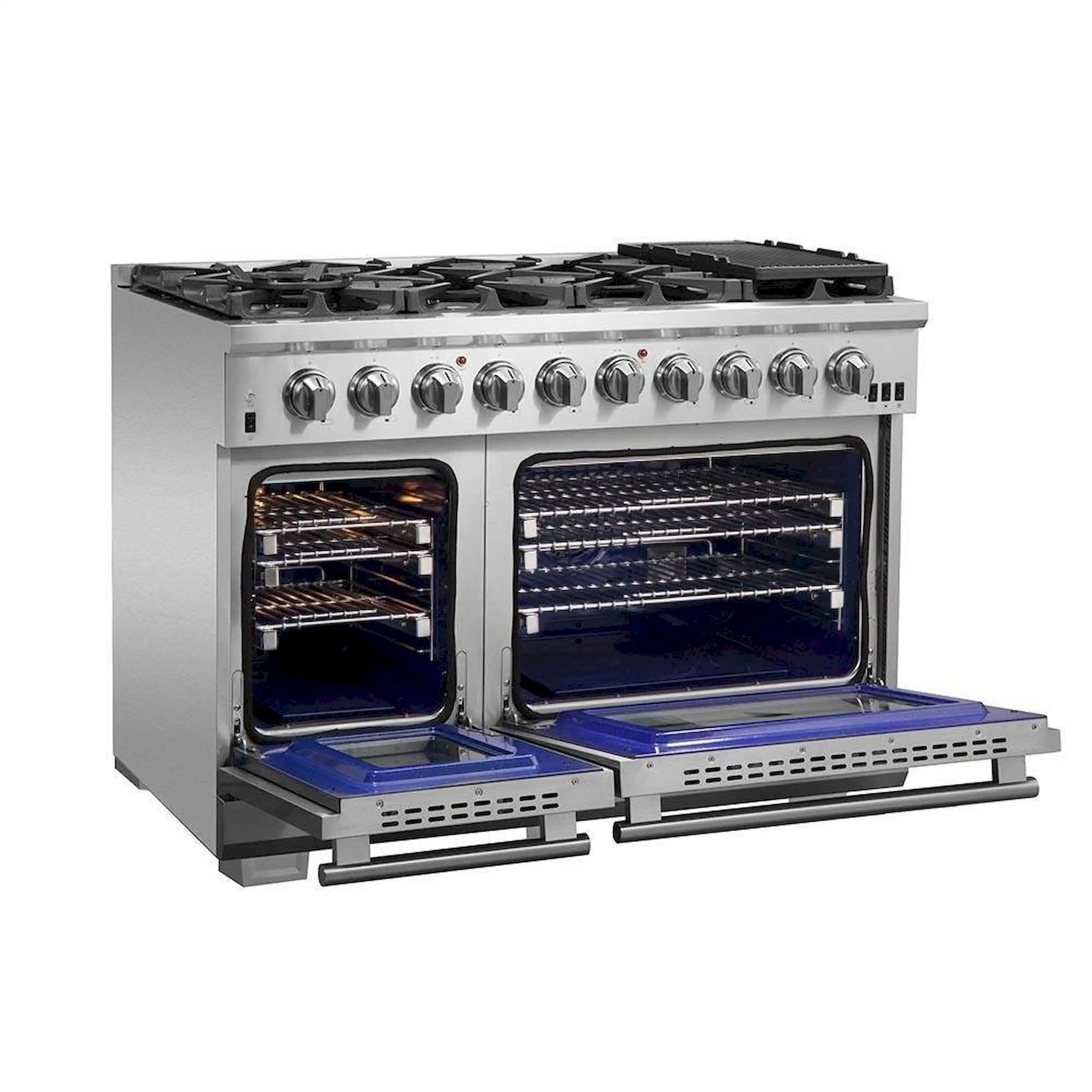 Stainless steel gas range with two open ovens and control panel