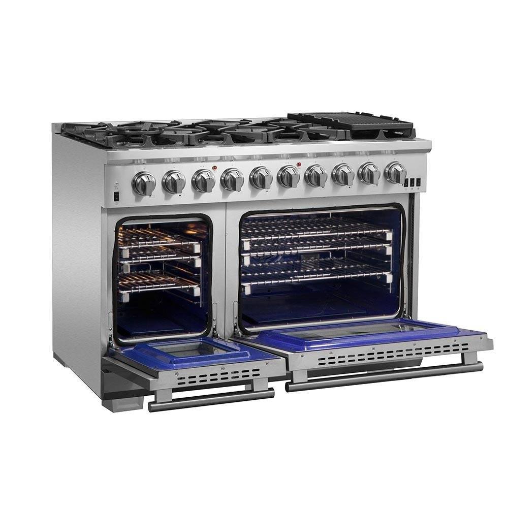 Stainless steel gas range with both oven doors open and interior racks visible