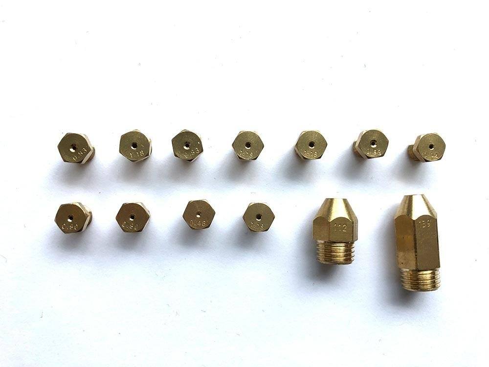 Brass gas burner parts with multiple small hex nozzles and connectors