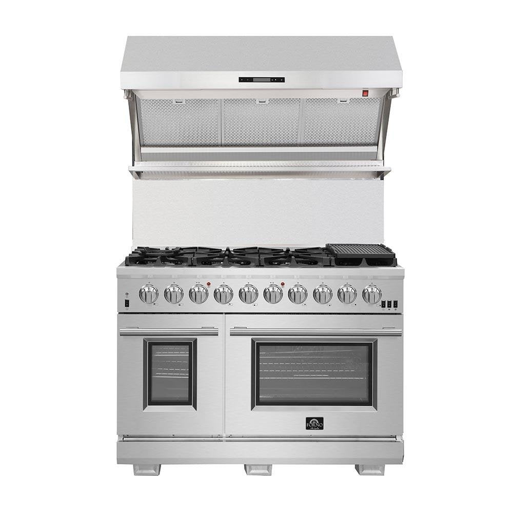 Stainless steel gas range with raised cooktop and open hood