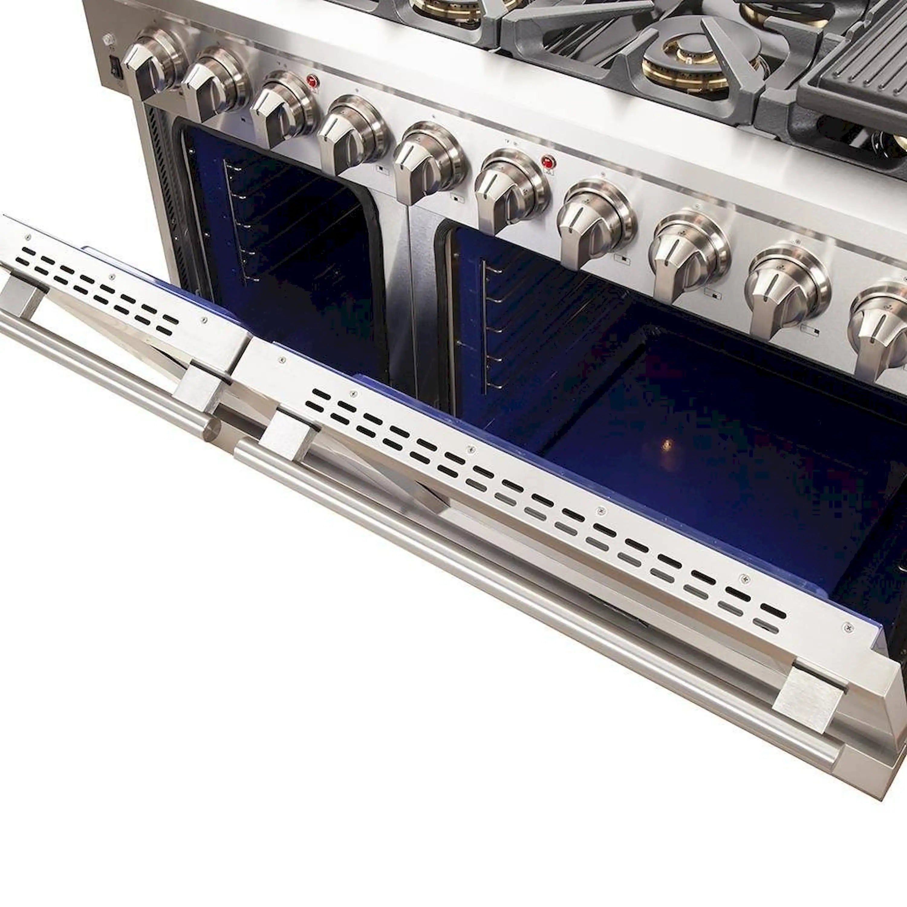 Stainless gas range cooktop with control knobs and blue burner grates