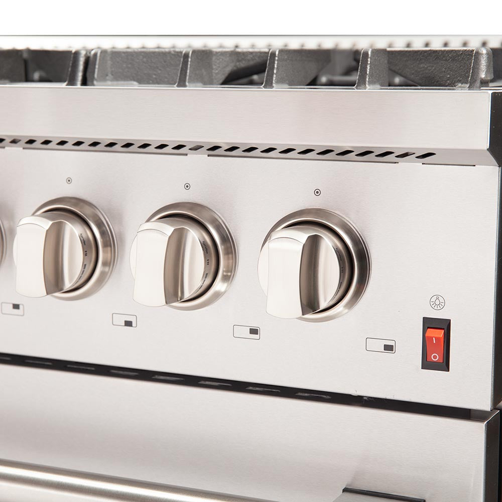Dual fuel range control knobs on stainless front panel with red power indicator