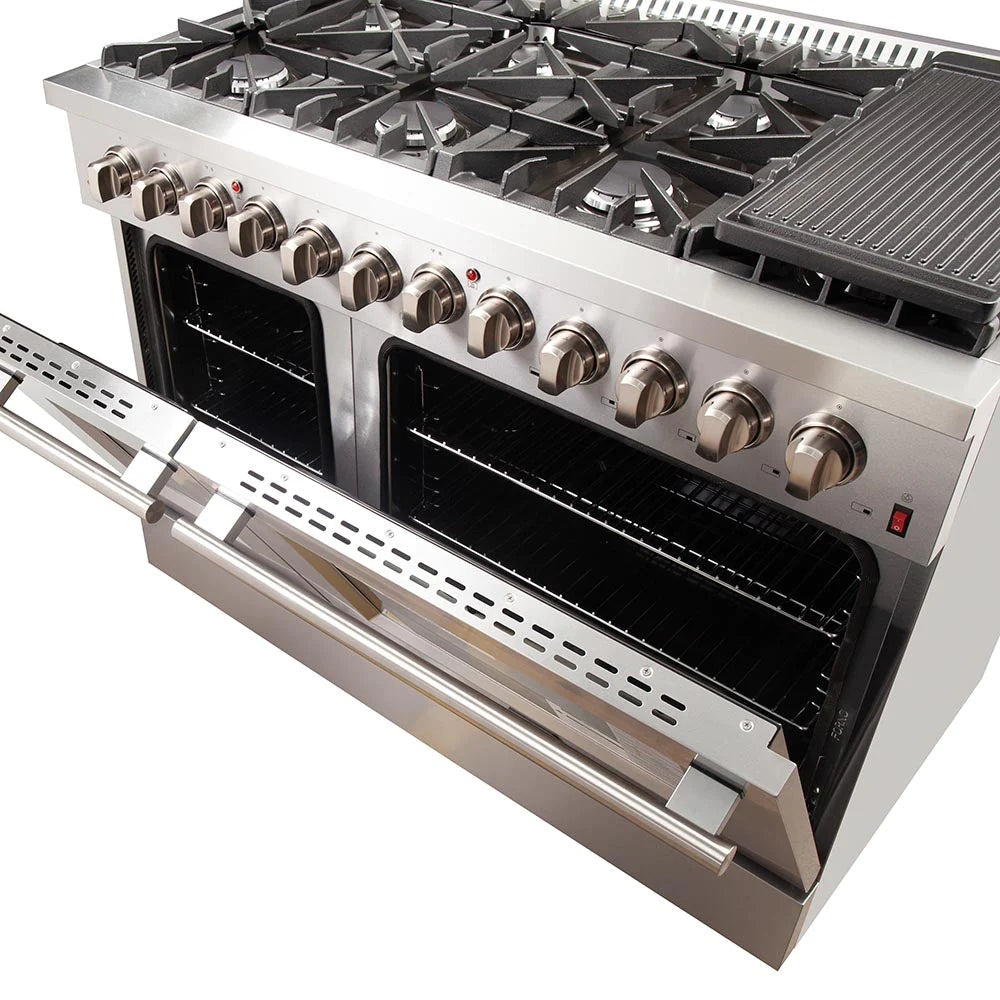 Stainless steel dual-fuel range with cooktop burners and open ovens
