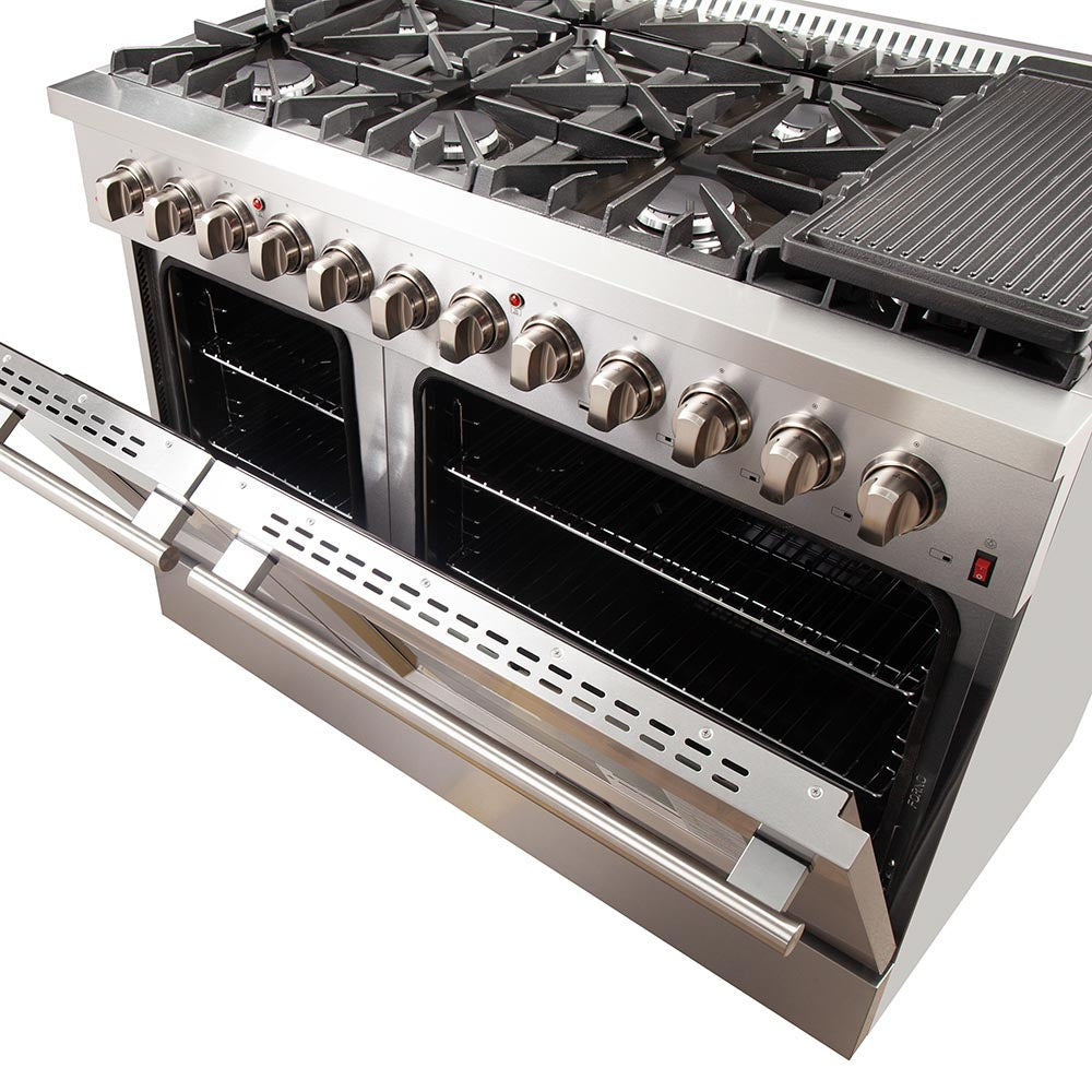 Dual fuel range with open double ovens and black burner grates on stainless front