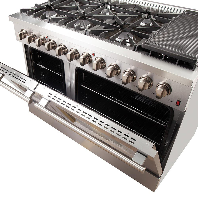 Forno 4-Piece Appliance Package - 48-Inch Dual Fuel Range, 60-Inch Refrigerator, 24-Inch Microwave Oven, & 3-Rack Dishwasher in Stainless Steel