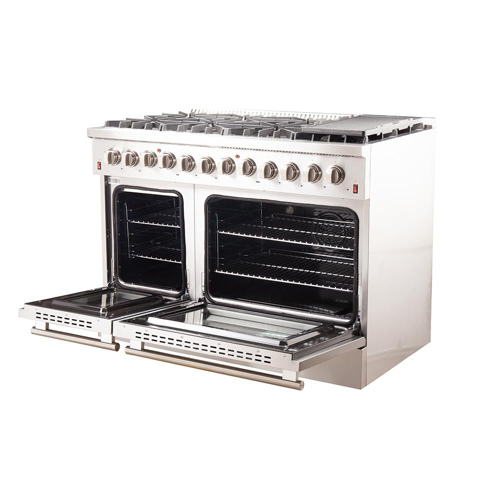 Dual fuel range with two open oven doors, stainless front, and burner grates