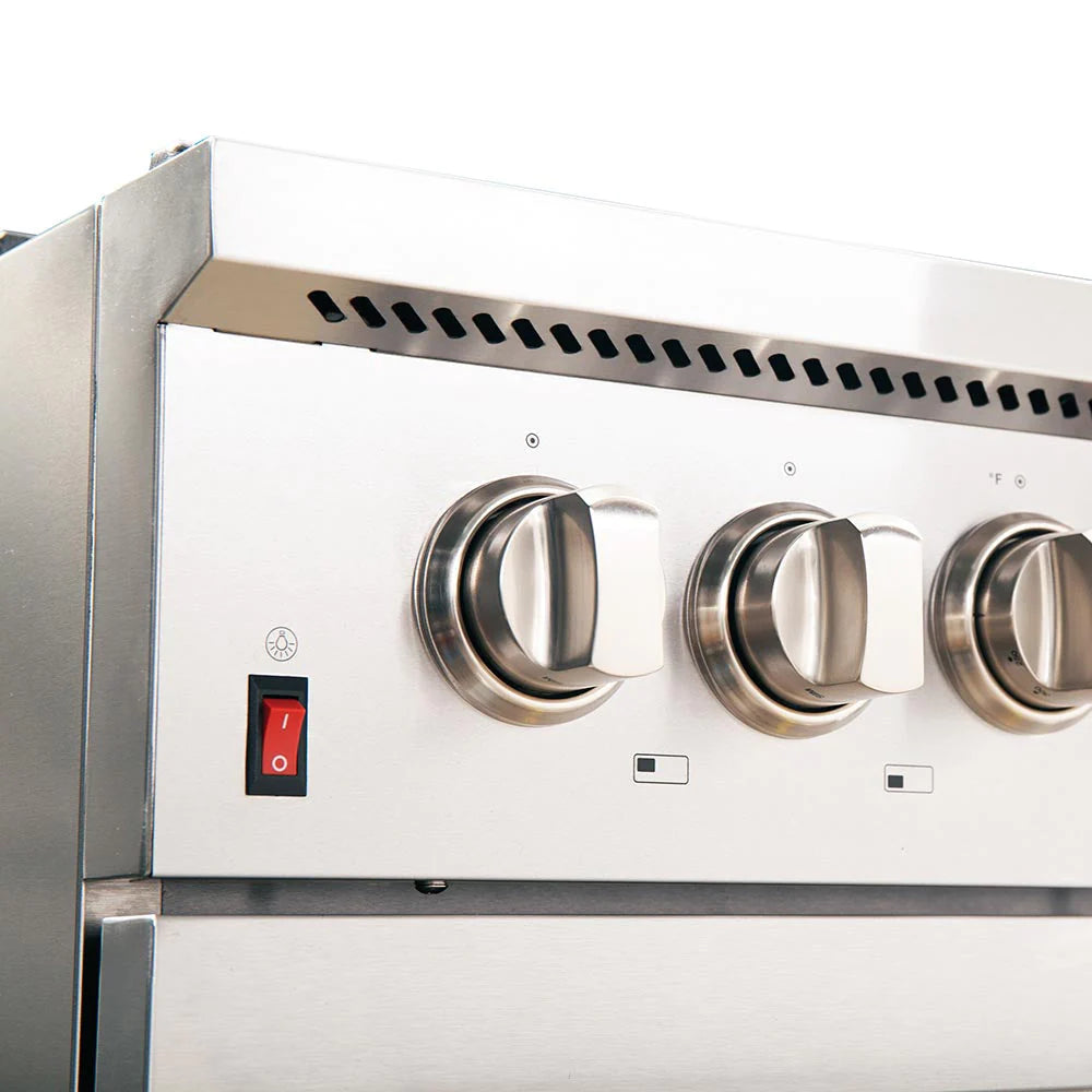 Stainless steel dual fuel range control panel with round knobs and burner vents