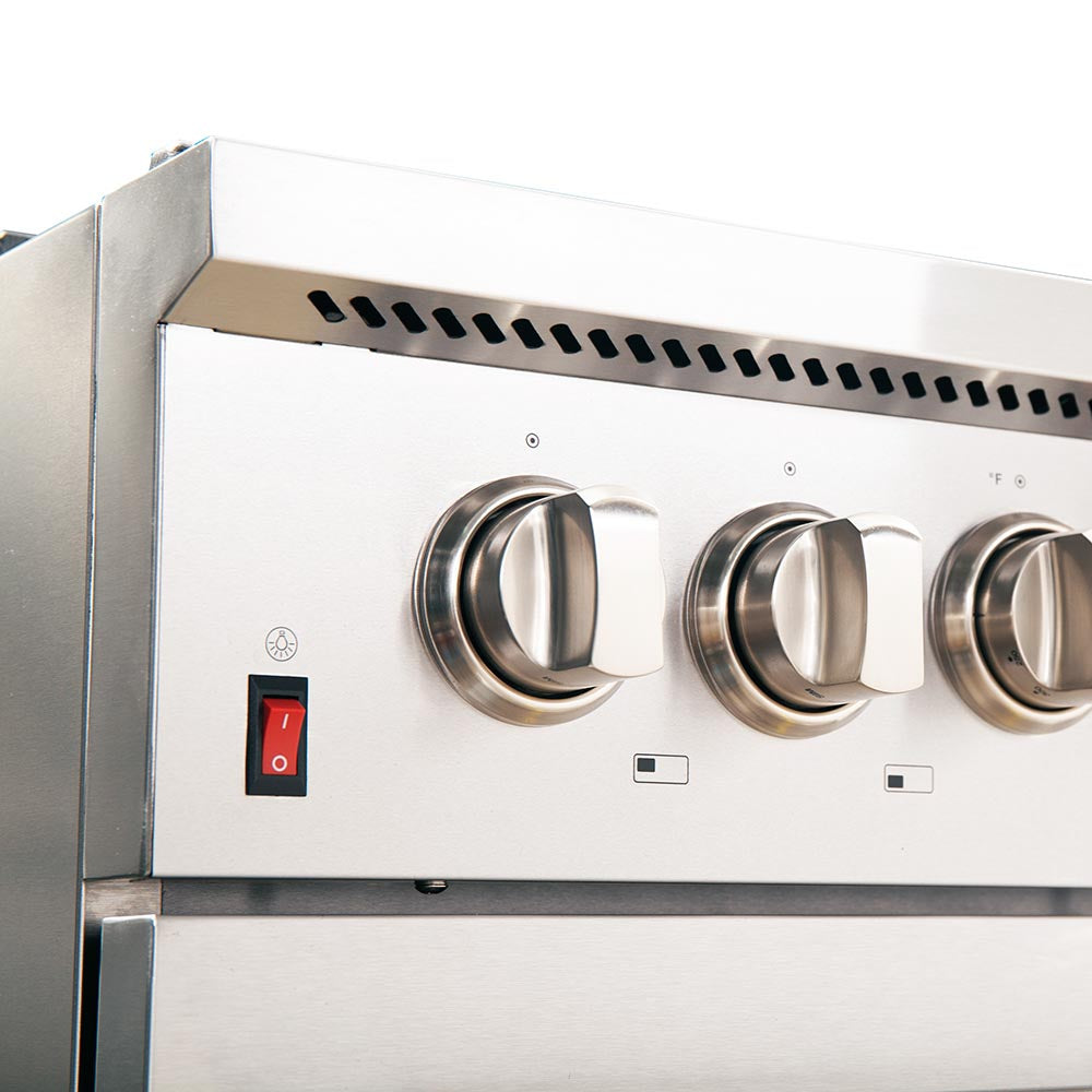 Dual fuel range burner control knobs and red power switch on stainless panel