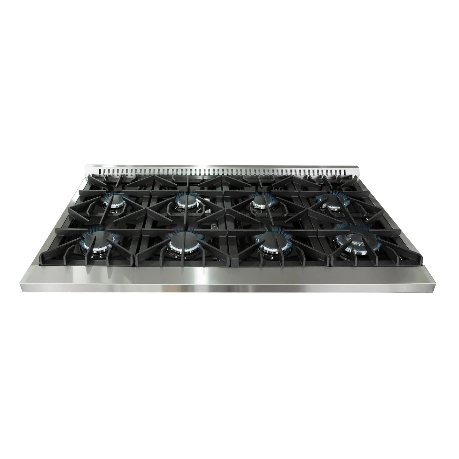 Stainless steel dual fuel range cooktop with black cast-iron grates and burners