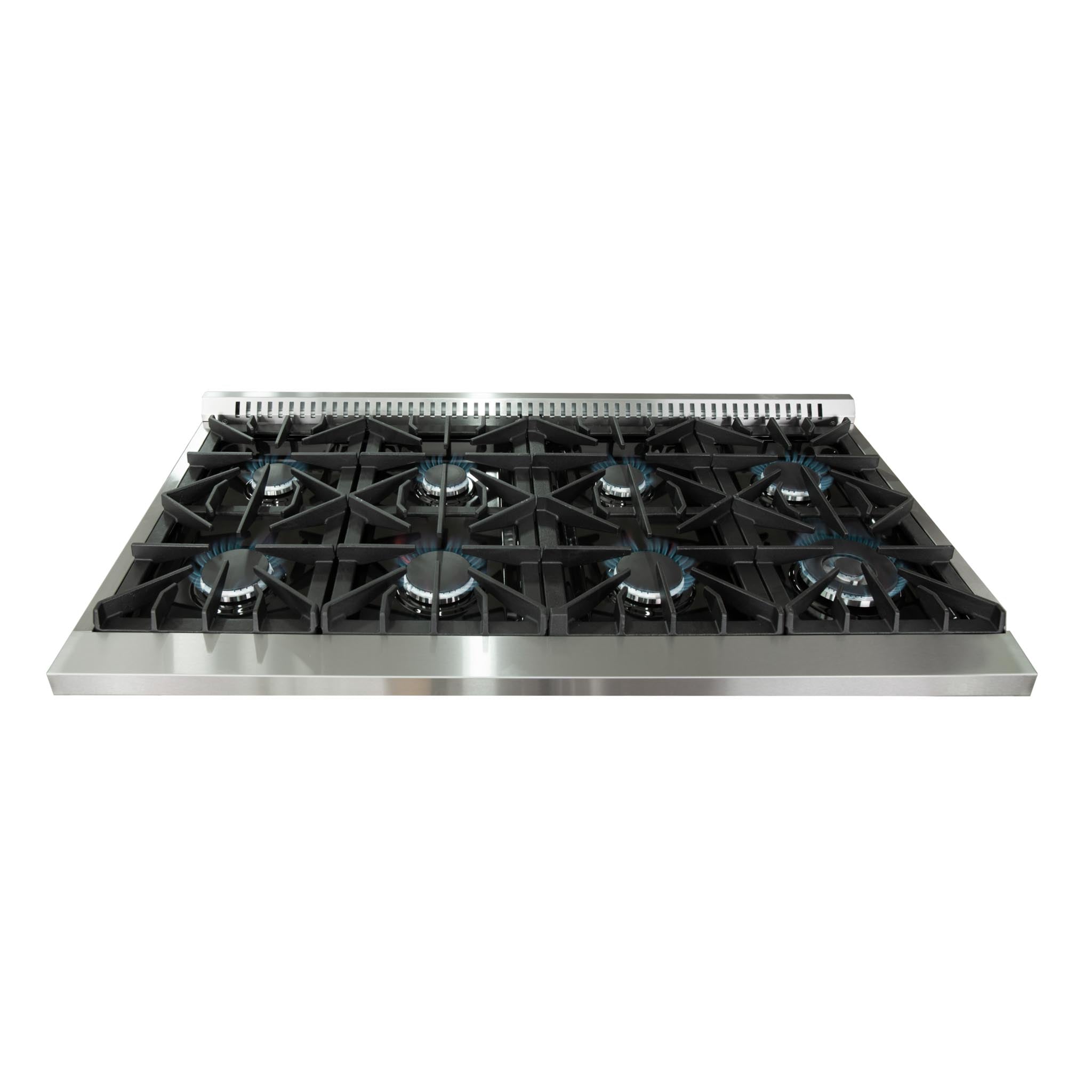 Dual fuel range cooktop with five black burner grates on stainless surface