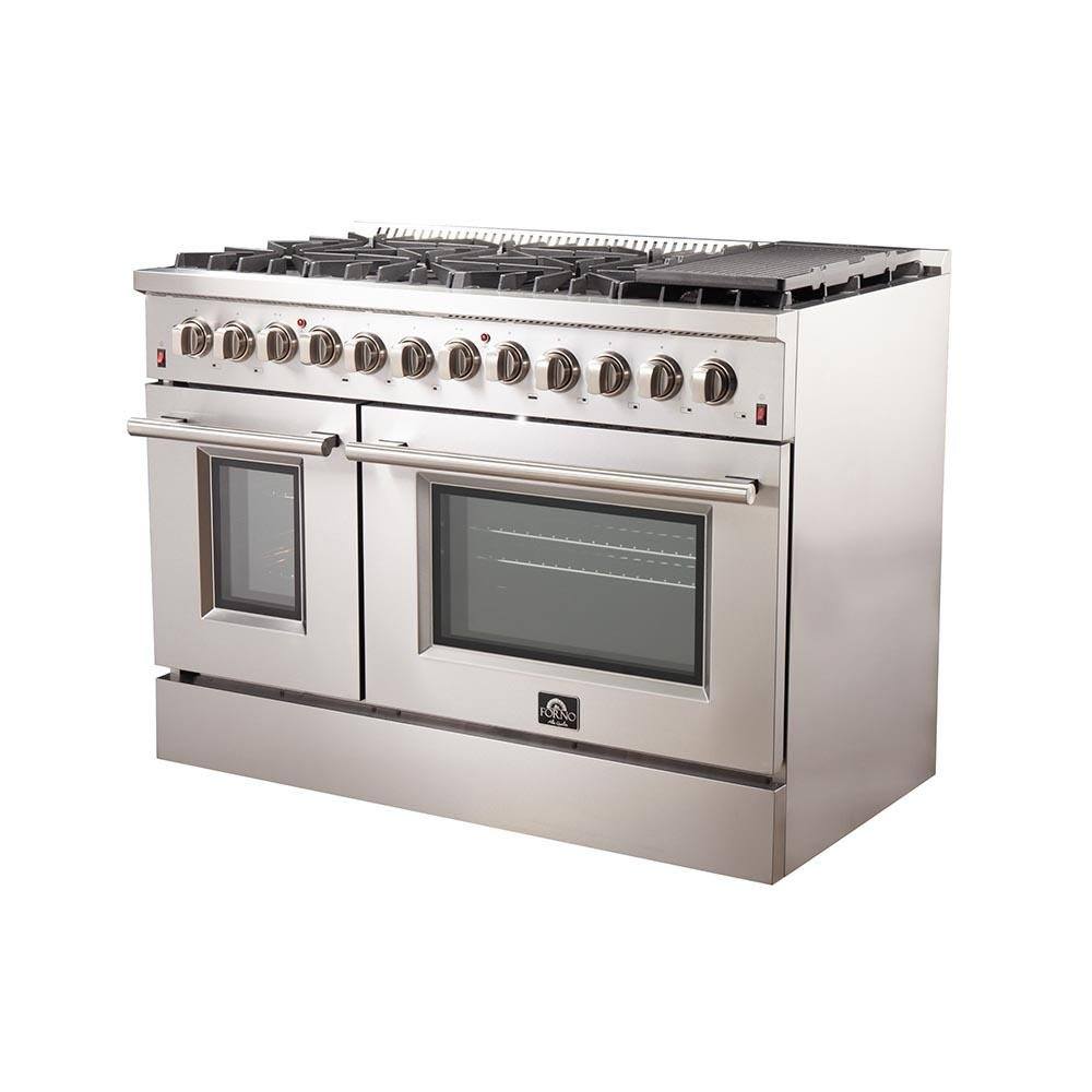 Stainless steel dual-fuel range with cooktop burners and two oven doors