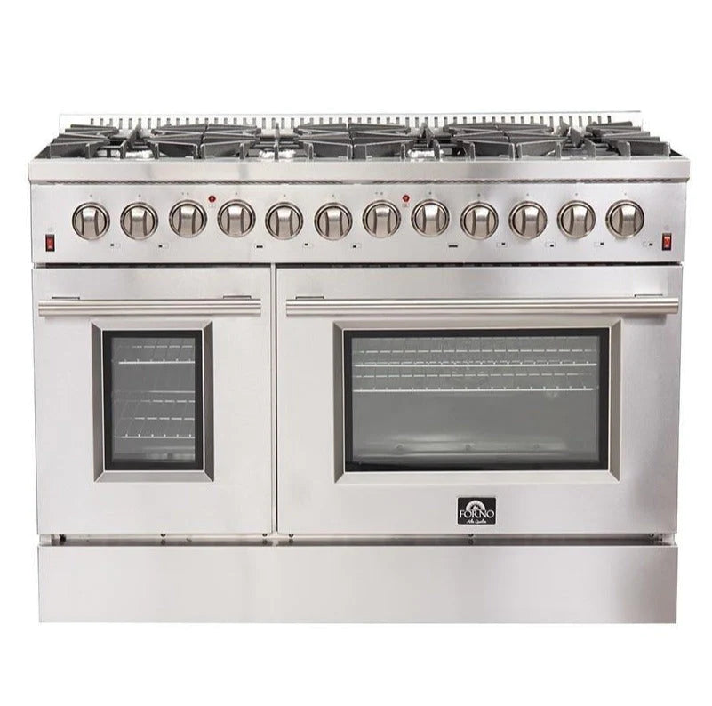 Stainless steel dual fuel range with two ovens and round burner control knobs