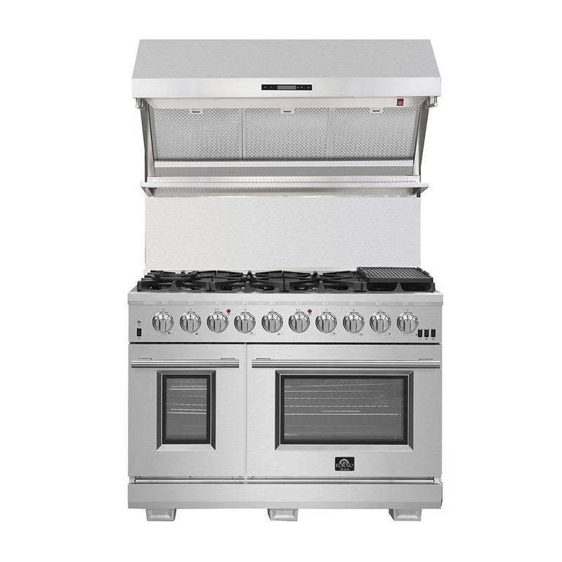 Forno 5-Piece Appliance Package - 48-Inch Dual Fuel Range, 60-Inch Refrigerator, Wall Mount Hood with Backsplash, 24-Inch Microwave Drawer, & 3-Rack Dishwasher in Stainless Steel