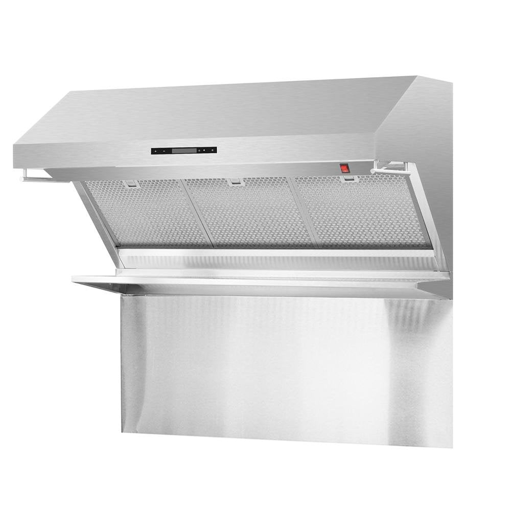 Stainless steel wall mount range hood showing vent opening with mesh filter grilles