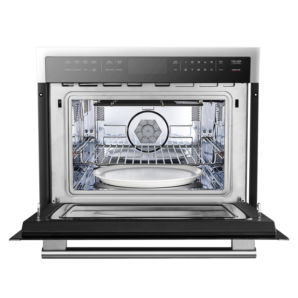 Stainless steel dishwasher open with lower rack and round heating element