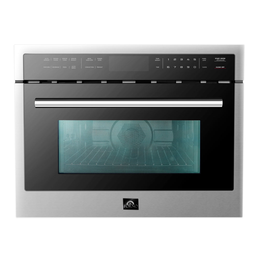 Stainless steel wall oven with dark glass door, control panel, and vent bar