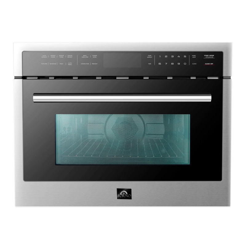 Forno 5-Piece Appliance Package - 36-Inch Dual Fuel Range, 60-Inch Refrigerator, Wall Mount Hood with Backsplash, 24-Inch Microwave Oven, & 3-Rack Dishwasher in Stainless Steel