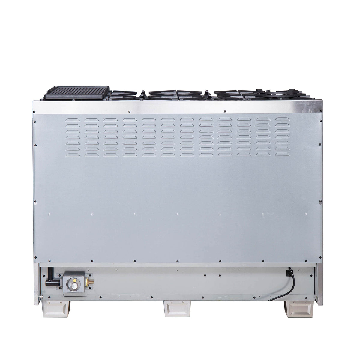 Stainless steel dual fuel range back panel view with rear burner grates