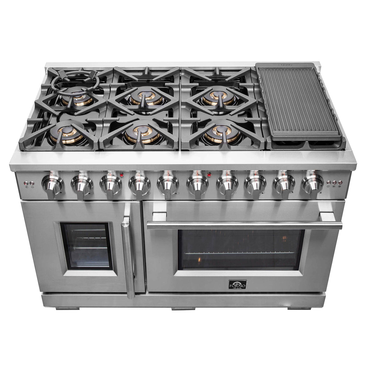 Stainless dual fuel range top view with black grates, four burners, and griddle.