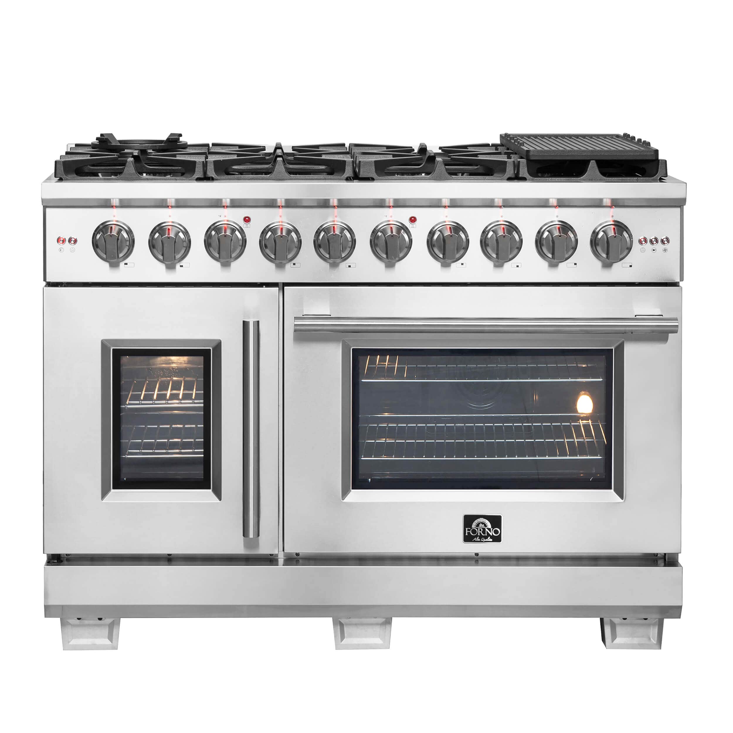 Stainless steel 48-inch gas range with two ovens and black cooktop grates