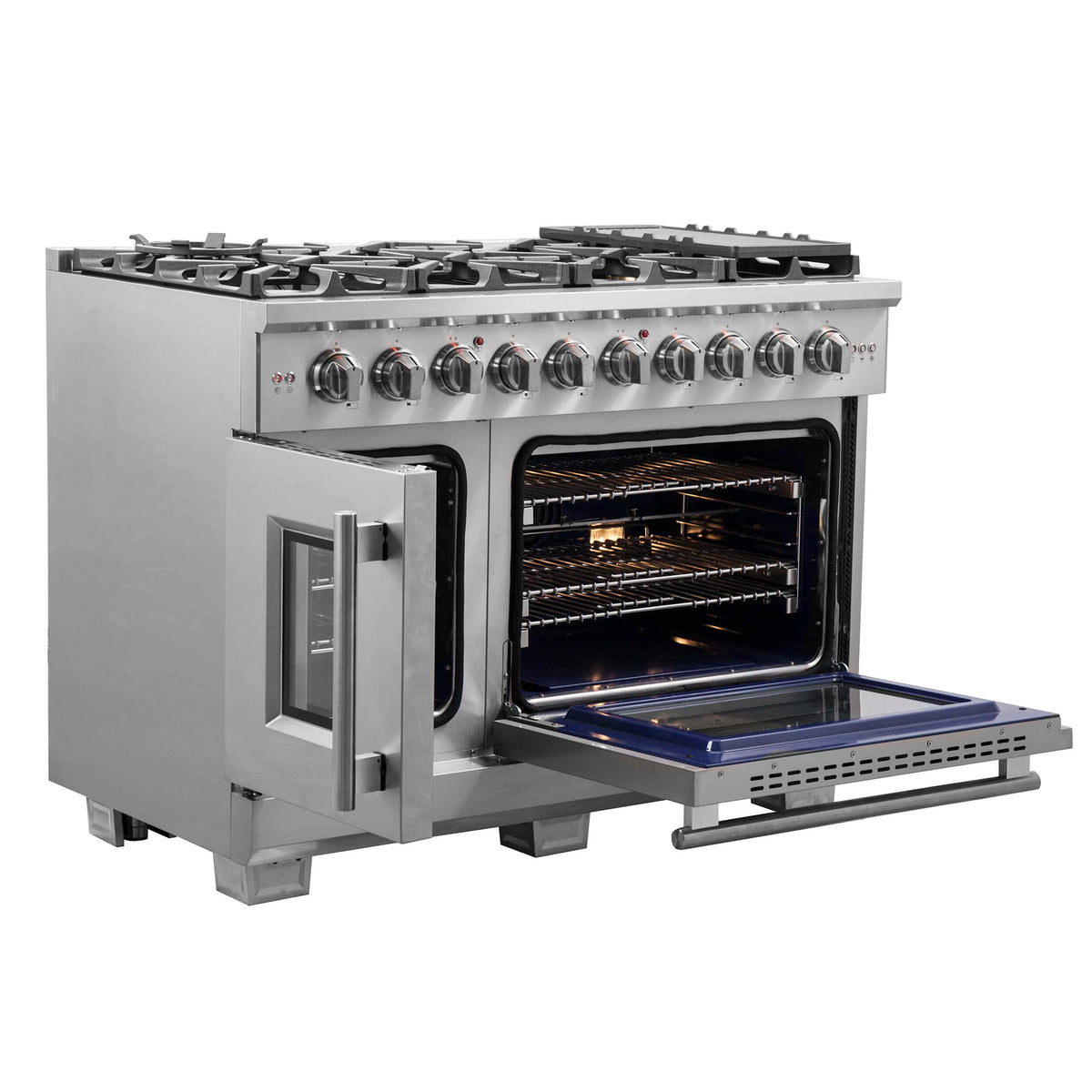 Stainless dual fuel range with oven door open and warming drawer extended, side view.
