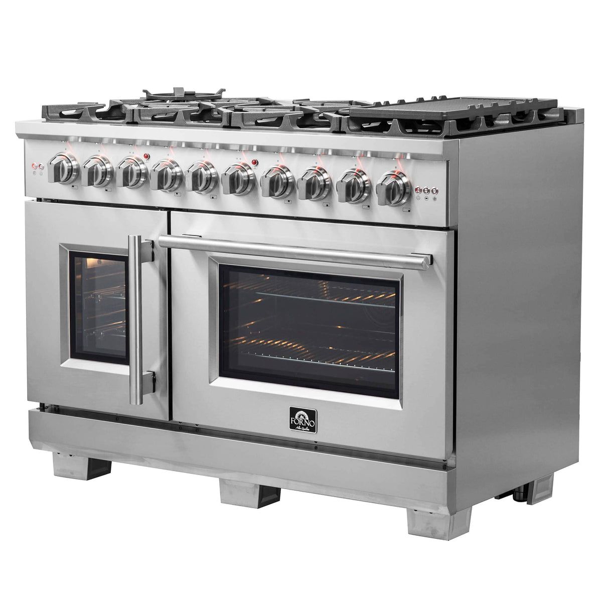 Stainless steel gas range with two oven doors and front control knobs